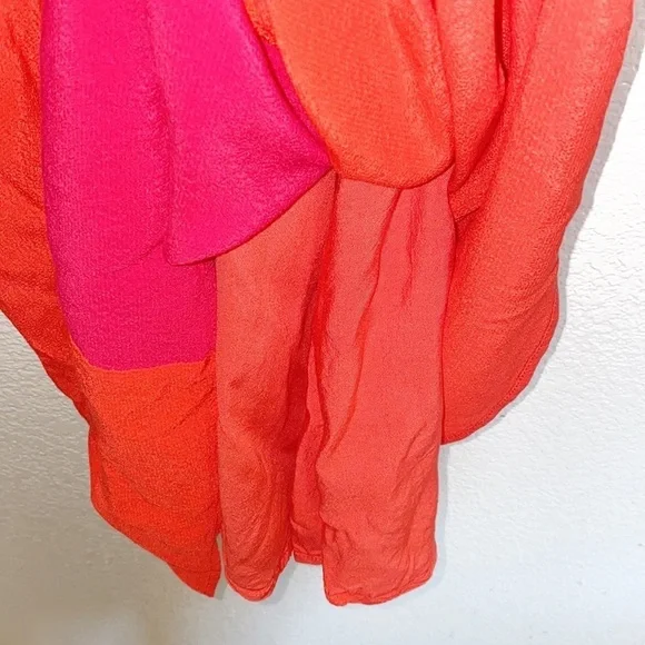 Skies Are Blue Red Orange Colorblock Tie Front Short Sleeve V Neck Mini Dress - Picture 8 of 12